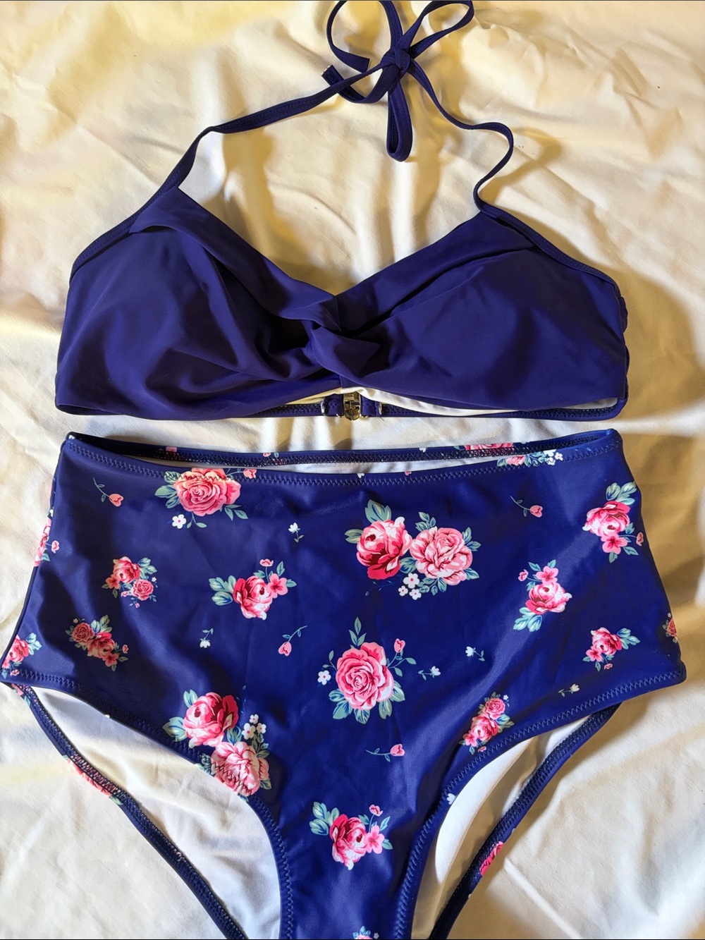 High-Waist Floral Bikini Set - Deep Navy with Pink Roses